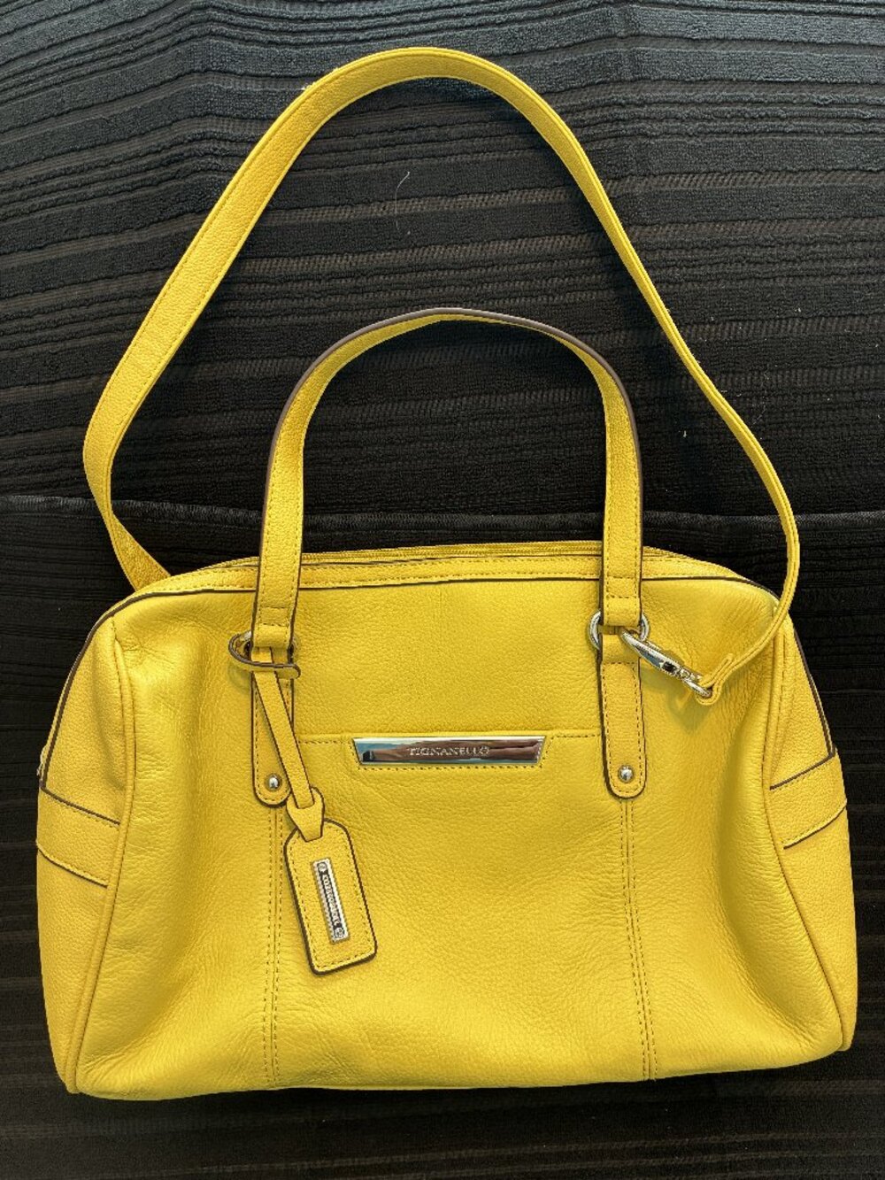 Tignanello Signature Lemon Yellow Pebbled Leather Satchel Shoulder Bag